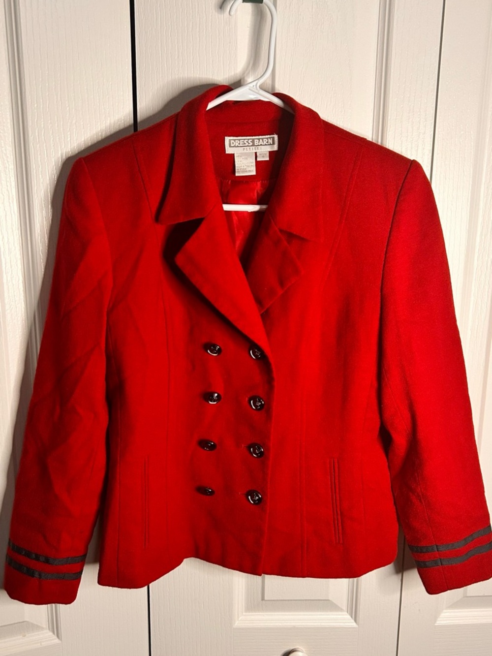 Dressbarn Red Blazer 10P Double Breasted Gold Gray Buttons Gray Striped Cuffs